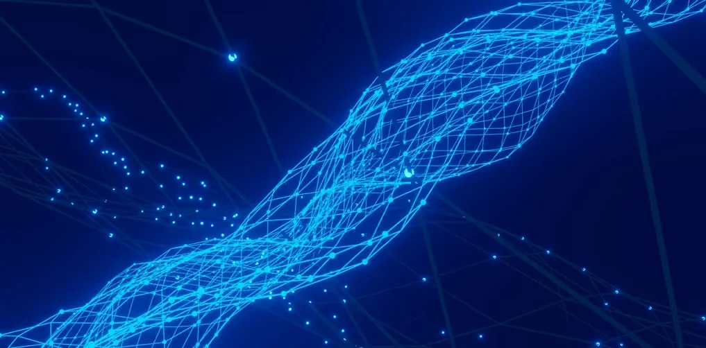 A 3D digital illustration of a glowing blue wireframe network and data stream flowing diagonally across a dark blue background.